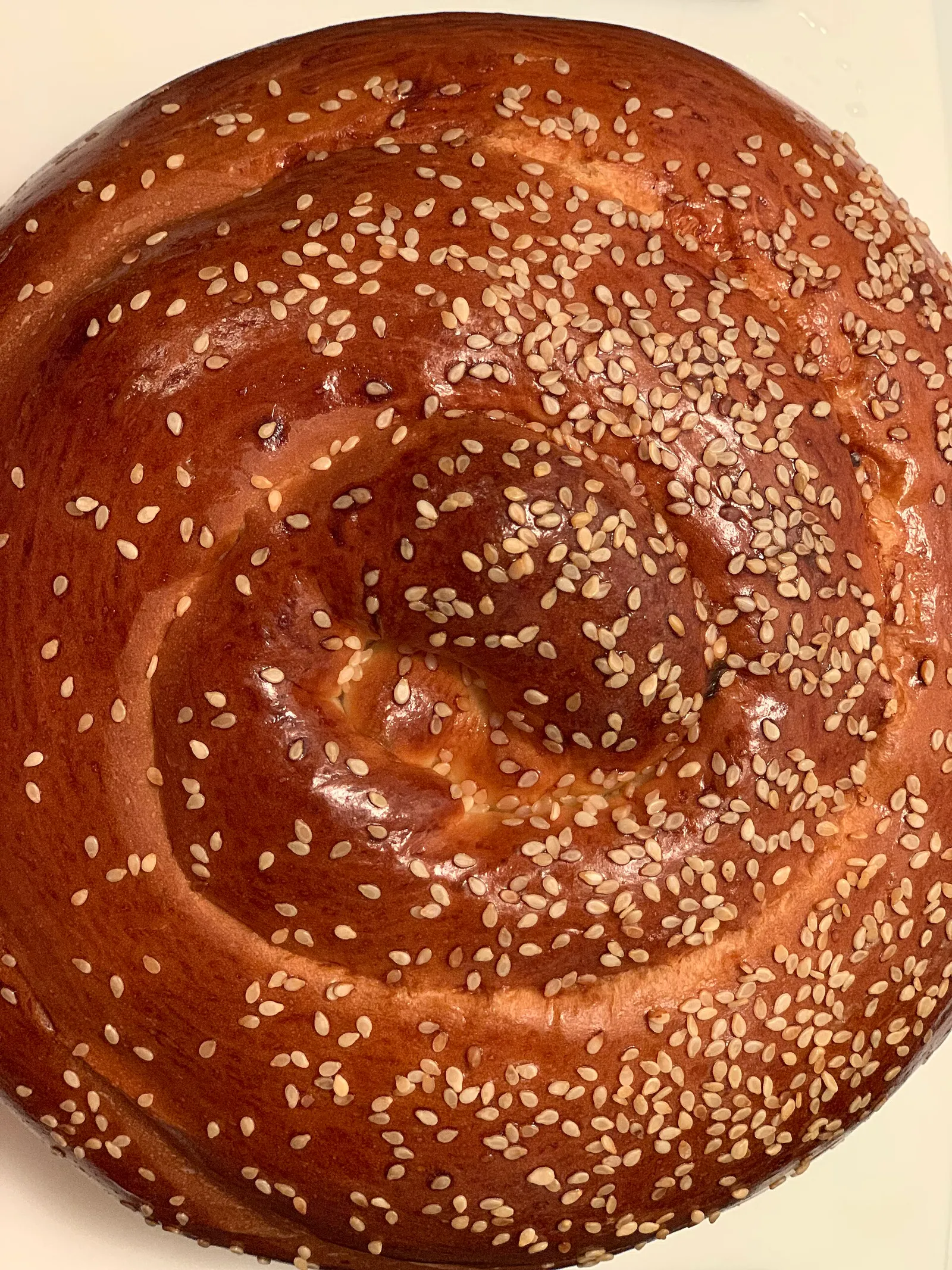 חלת שבת עגולה ומוזהבת מפוזרת בשומשום, לחם מסורתי שמוגש בסעודות השבת של בית חב"ד
